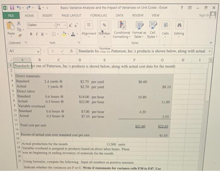 Excel file. Please include Excel formulas 22 Indicate whether the variances are