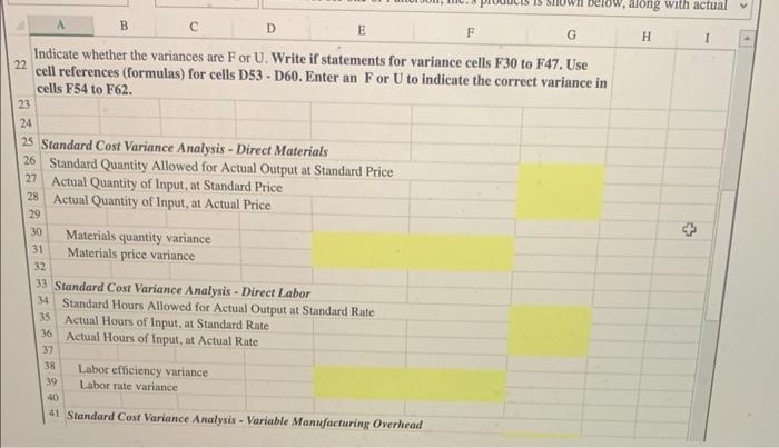 F or U. Write if statements for variance cells F30 to F47.