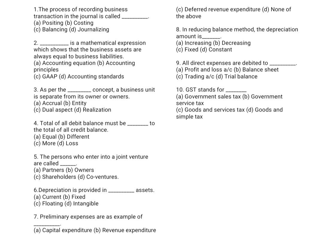 Answer All ...no need for explainaton just give correct option .....answer all