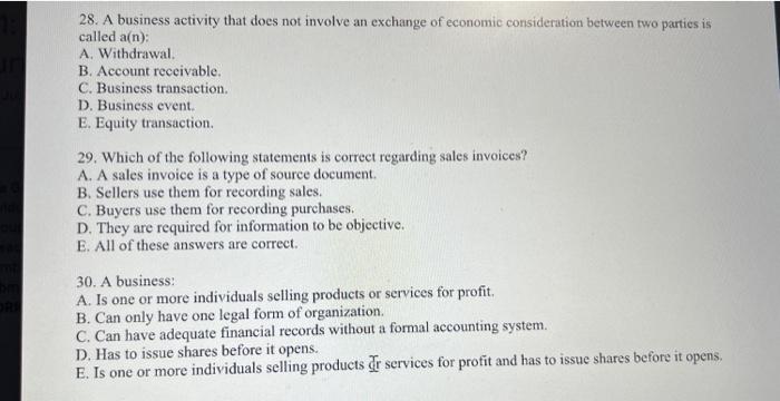 mcq 28. A business activity that does not involve an exchange of