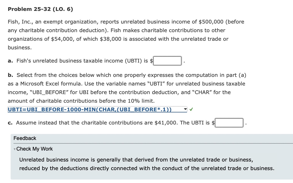  Problem 25-32(LO.6) Fish, Inc., an exempt organization, reports unrelated business income