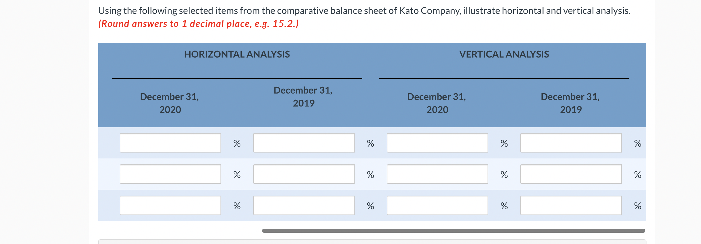 Company, illustrate horizontal and vertical analysis. (Round answers to 1 decimal place,
