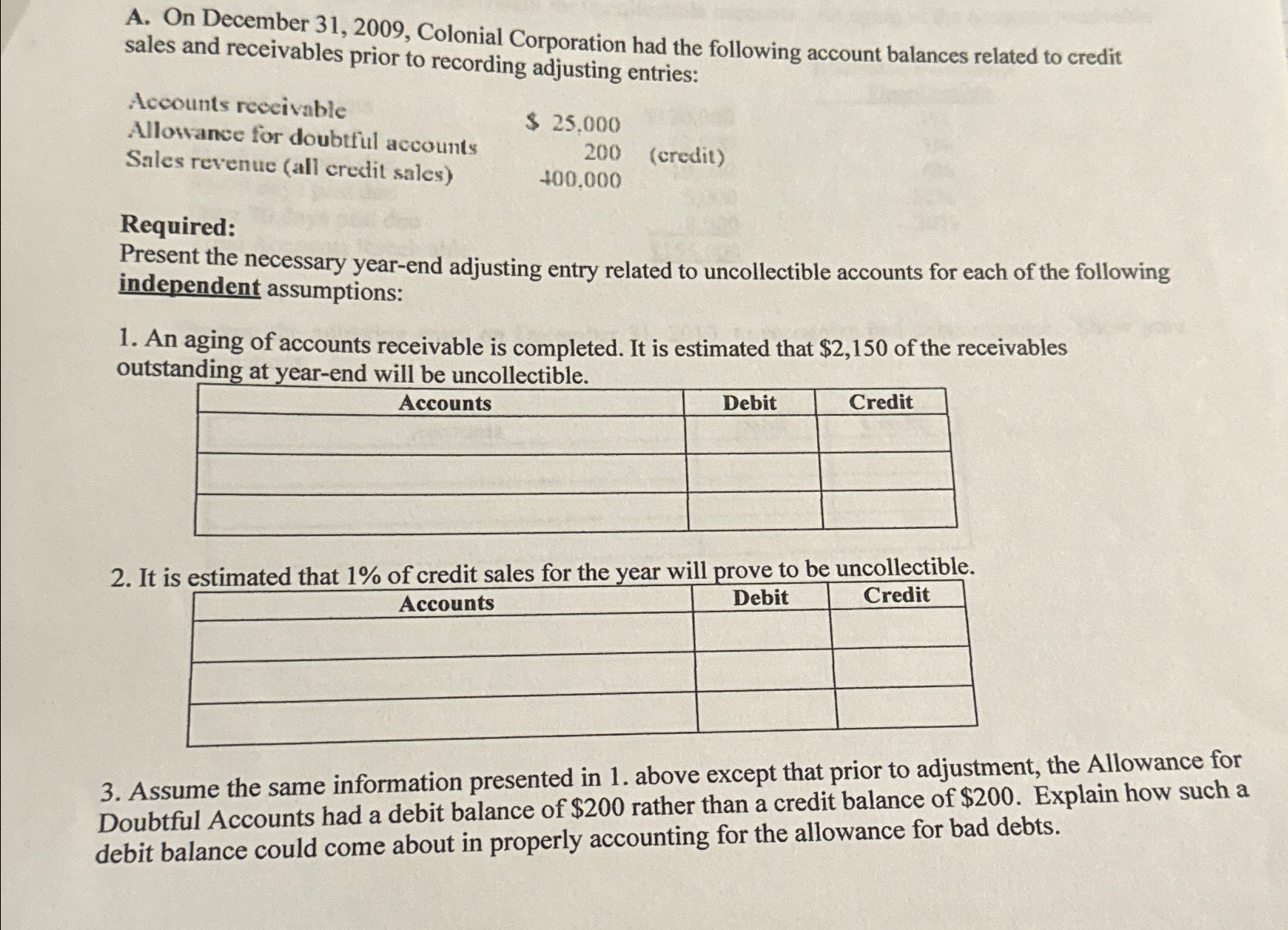  A. On December 31,2009, Colonial Corporation had the following account balances