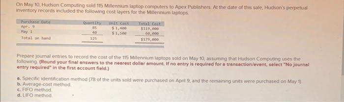 please solve On May 10. Hudson Computing sold 115 Millennium laptop computers