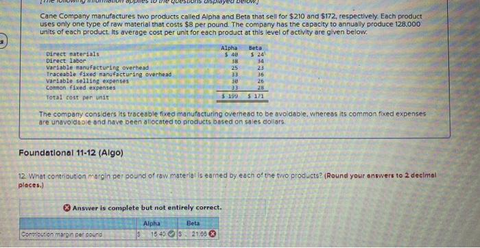 Cane Company manufactures two products called Alpha and Beta that sell for