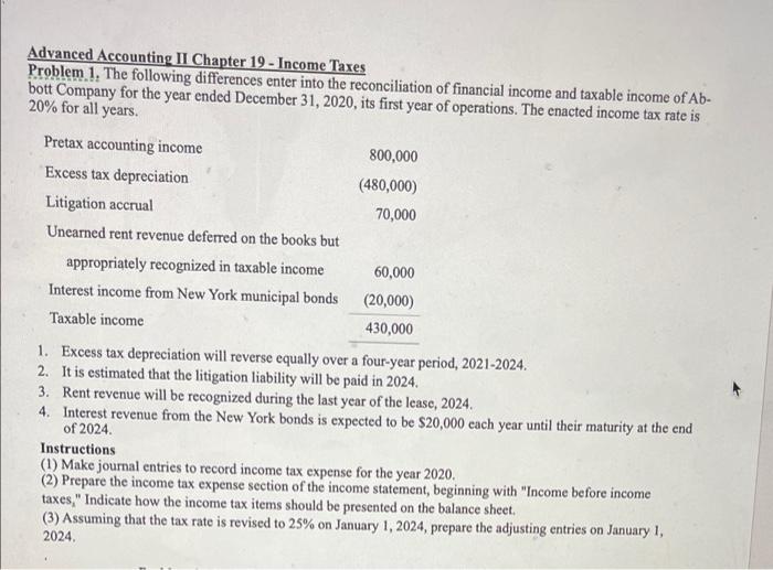 please answer part 1,2,3,4 Advanced Accounting II Chapter 19 - Income Taxes