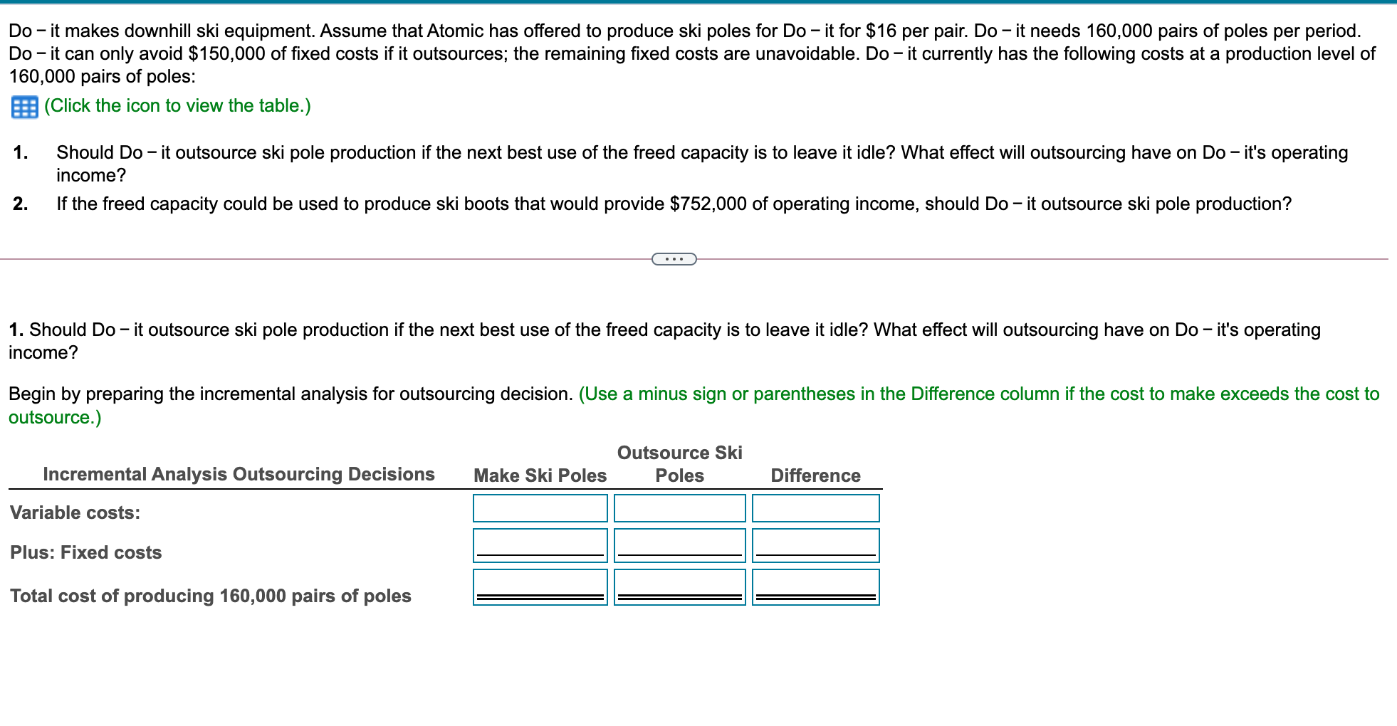 Direct Materials Direct Labor Cost per pair Total Cost (160,000 pairs) $