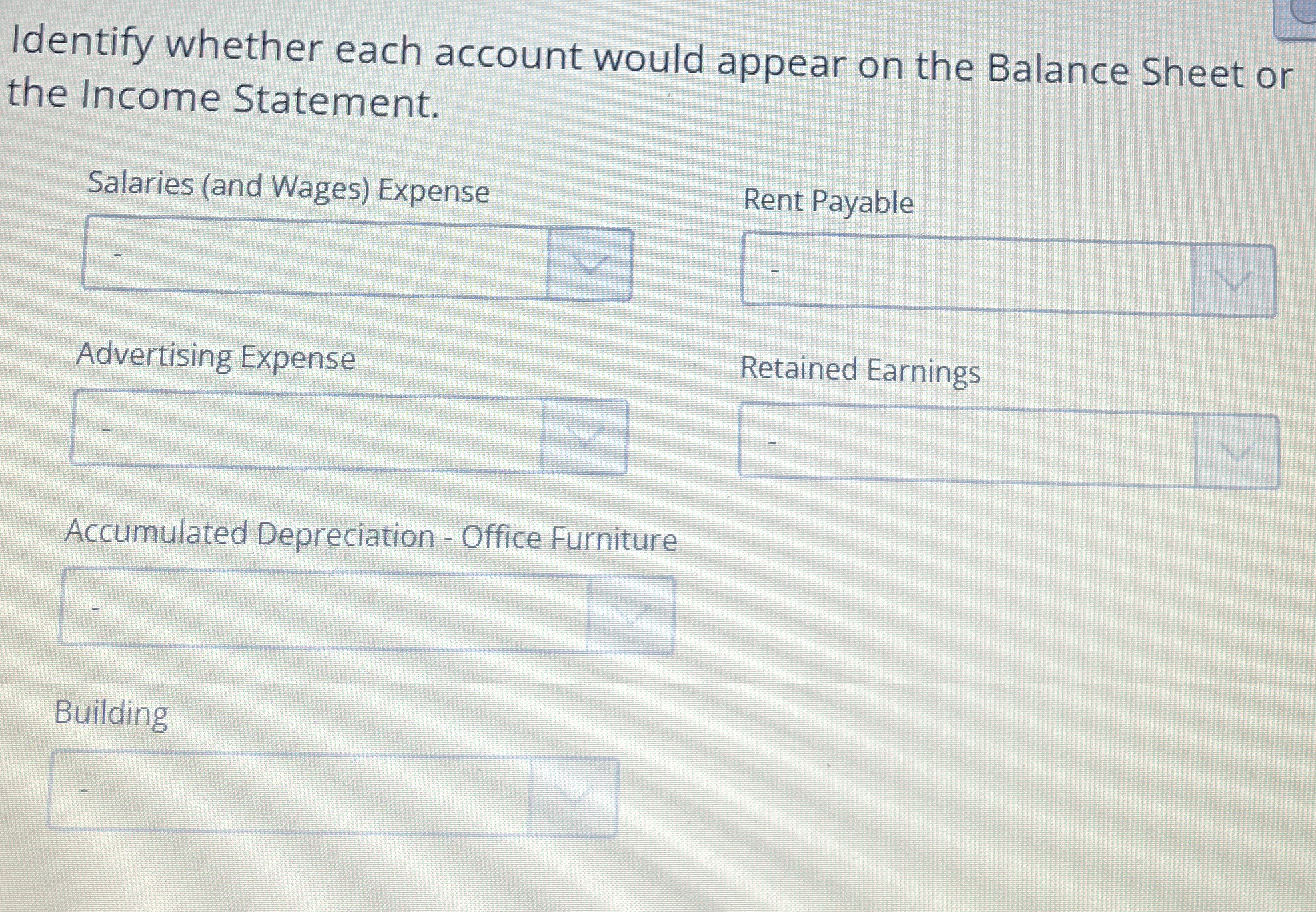  Identify whether each account would appear on the Balance Sheet or