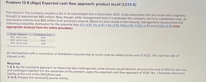 Help Please! Problem 13-8 (Algo) Expected cash flow approach; product recall [LC13-6)