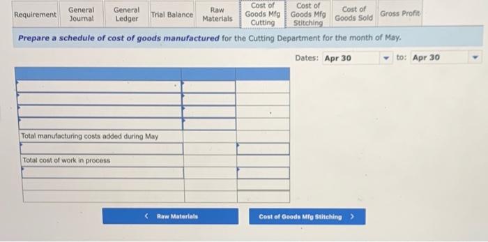 production activities for May. Prepare journal entries for the month of May's