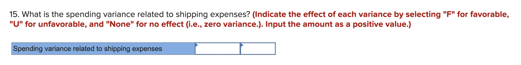 (Indicate the effect of each variance by selecting "F" for favorable, "U"