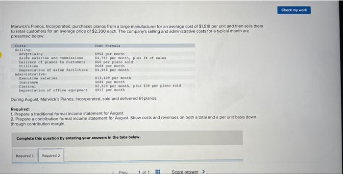 The company's selling and administrative costs for a typical month are presented