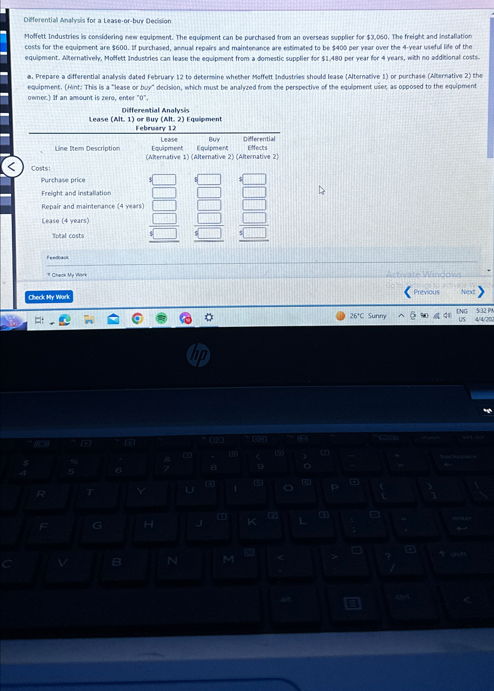  Differential Analysis for a Lease-or-buy Decision Moffett Industries is considering new
