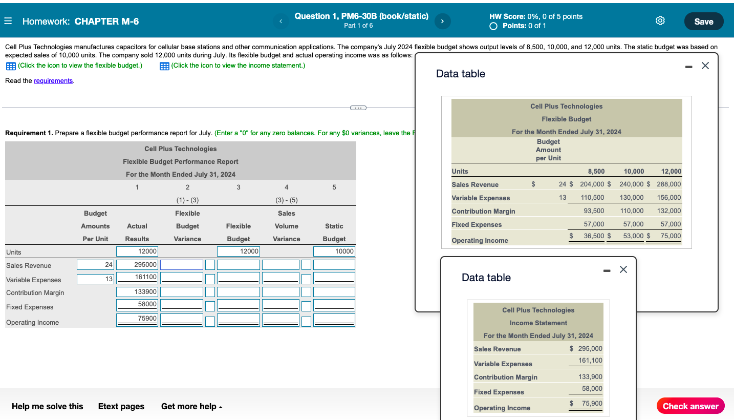 please show any work! Homework: CHAPTER M-6 Question 1, PM6-30B (book/static) Part