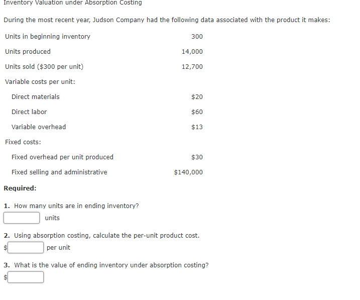  Inventory Valuation under Absorption Costing During the most recent year, Judson