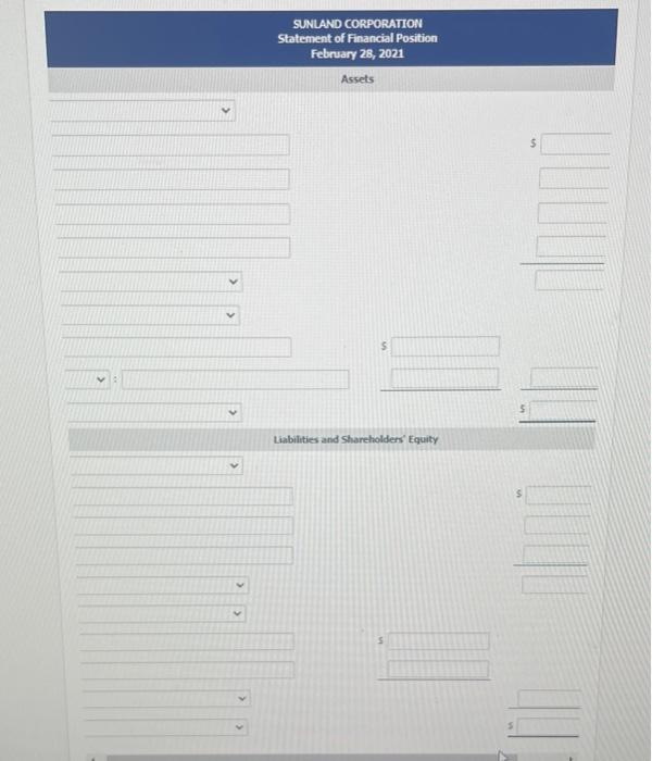 The Sunland Corporation reports the following adjusted account balances, shown in alphabetical