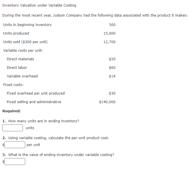 Inventory Valuation under Variable Costing During the most recent year, Judson