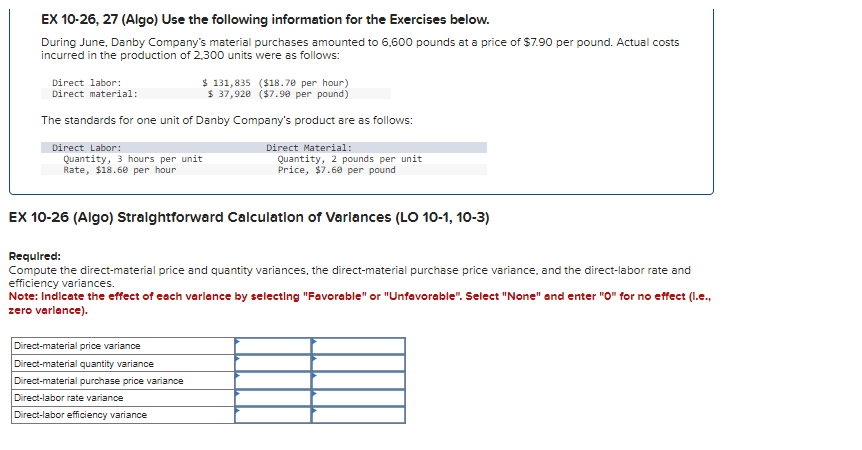  EX 10-26,27(Algo) Use the following information for the Exercises below. During