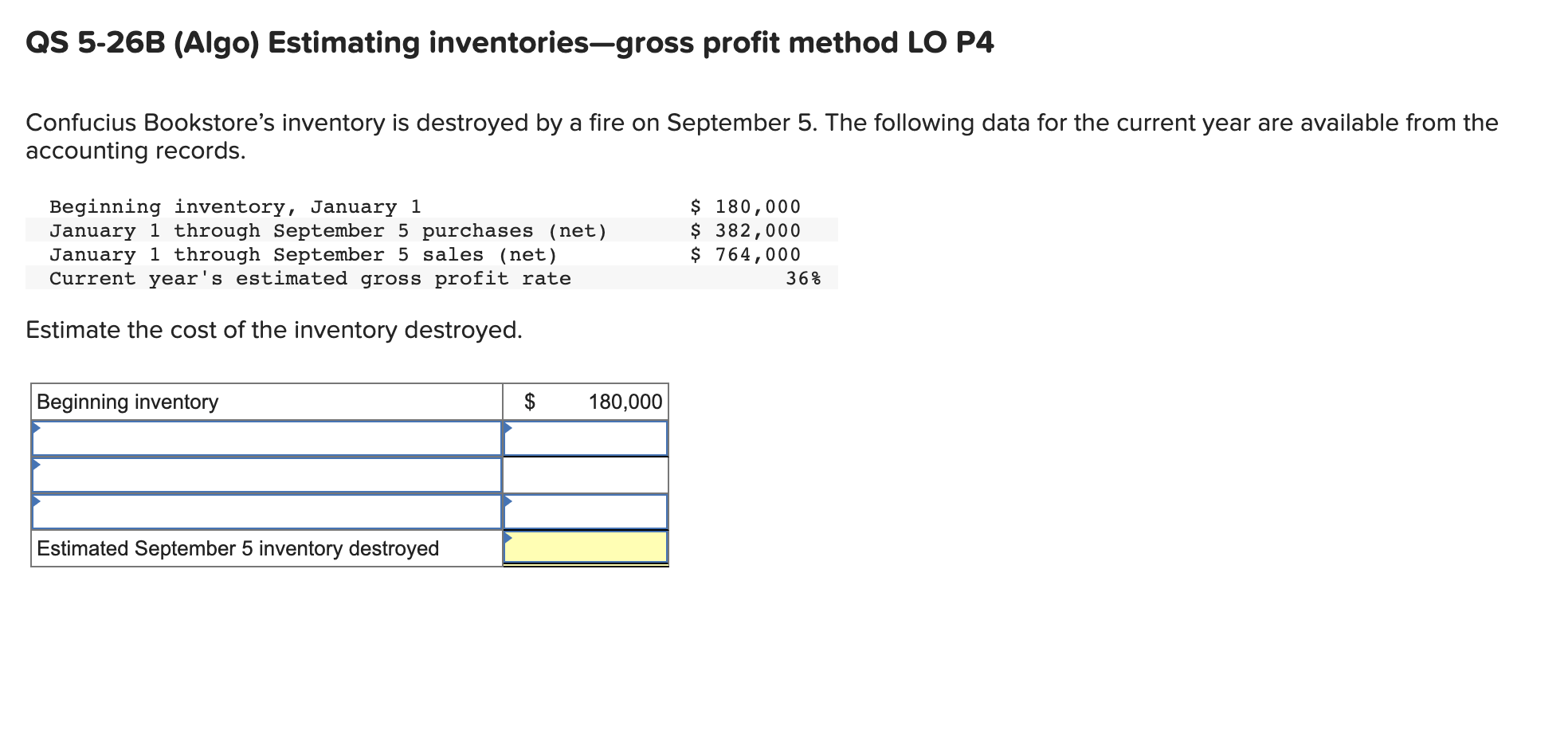 Please help complete the following table! QS 5-26B (Algo) Estimating inventories-gross profit