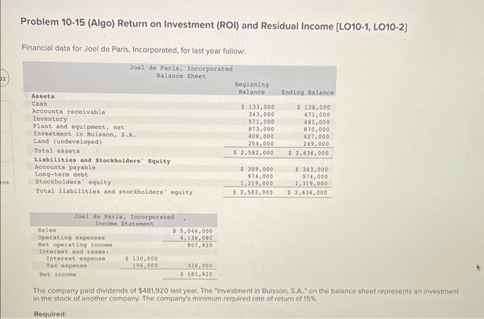 PLEASE HELP im struggling Problem 10-15 (Algo) Return on Investment (ROI) and