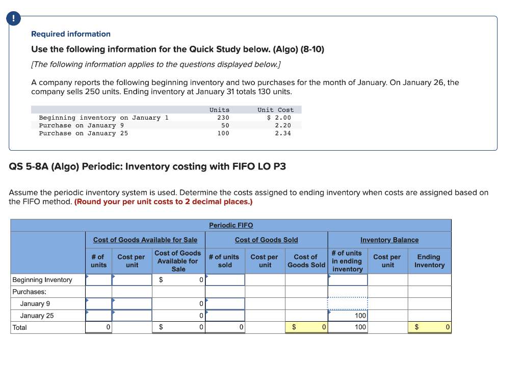 Please help complete the following table! Required information Use the following information