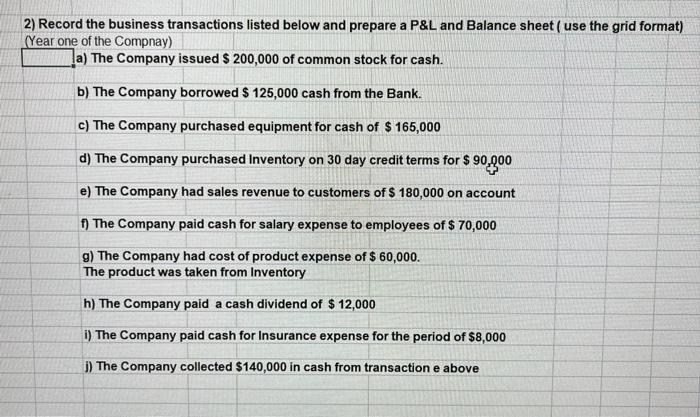 help please! 2) Record the business transactions listed below and prepare a