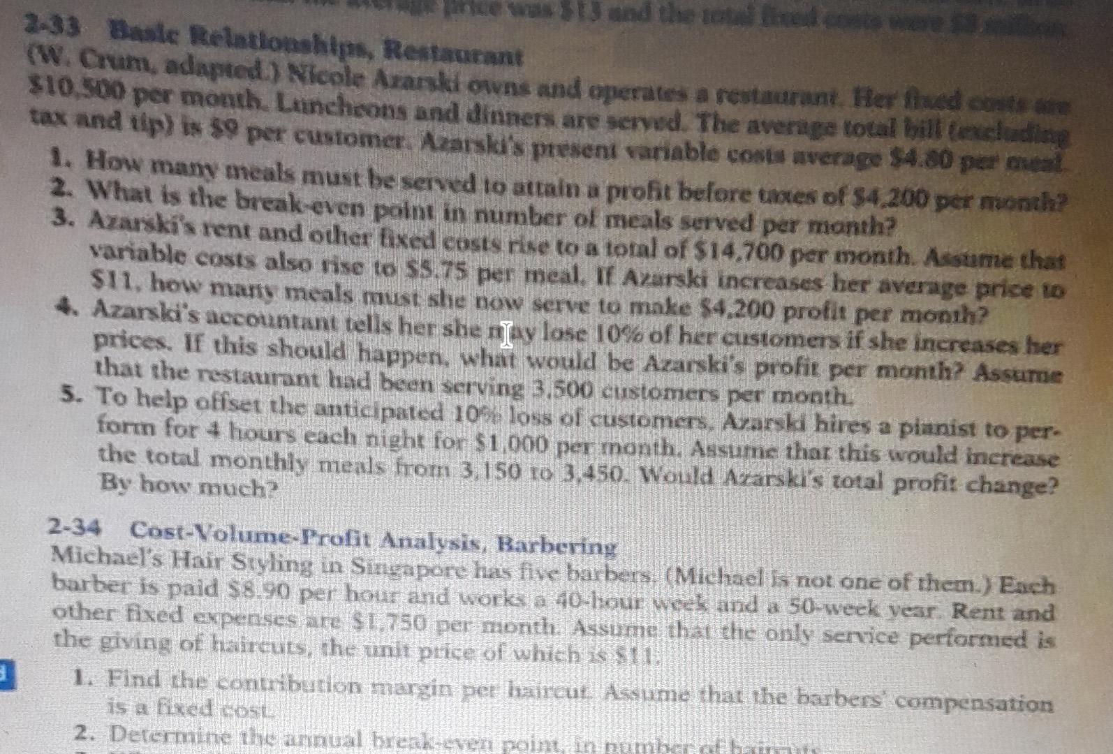  show all working 2-33 Basic Relationships, Restaurant (W. Crum, adapted.) Nicole