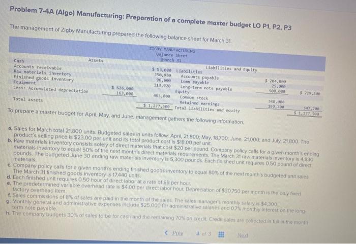 please help it is due Problem 7-4A (Algo) Manufacturing: Preparation of a