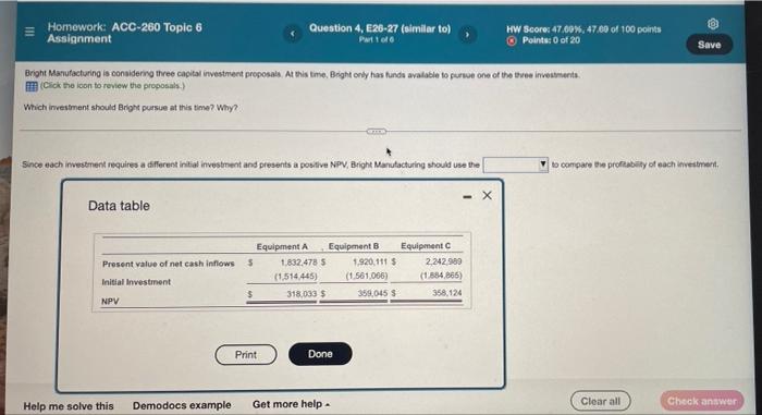 data table shows the proposals Homework: ACC-260 Topic 6 Assignment Question 4,