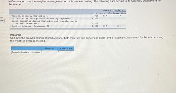 M Corporation uses the weighted average method in its process costing. The