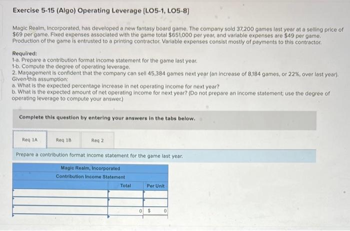 ALL ONE QUESTION Exercise 5-15 (Algo) Operating Leverage (LO5-1, LO5-8) Magic Realm,