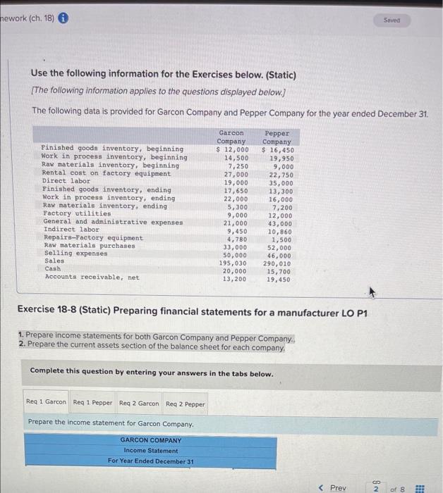 ALL PROBLEMS HELP PLS hework (ch. 18) Saved Use the following information