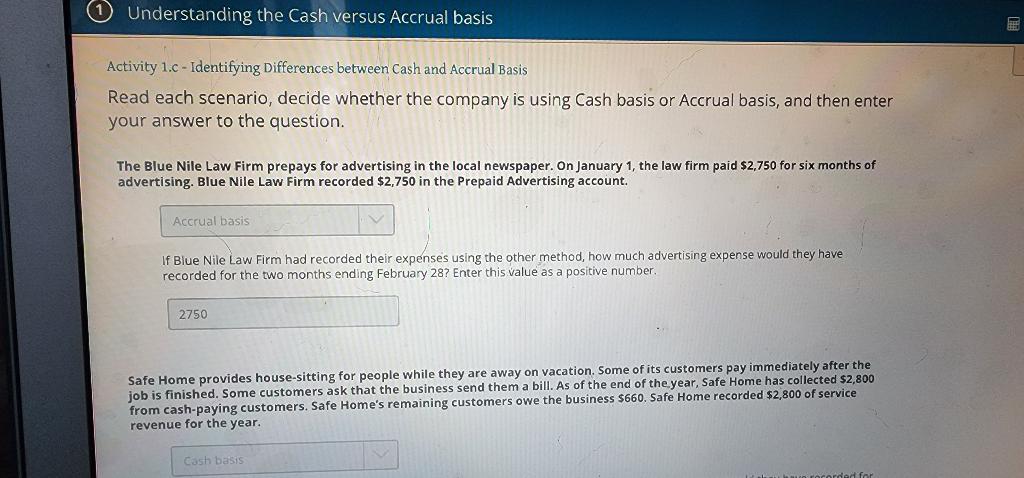 for the year. Do Homework- Chapter 1 Tutorial Cash basis If Safe