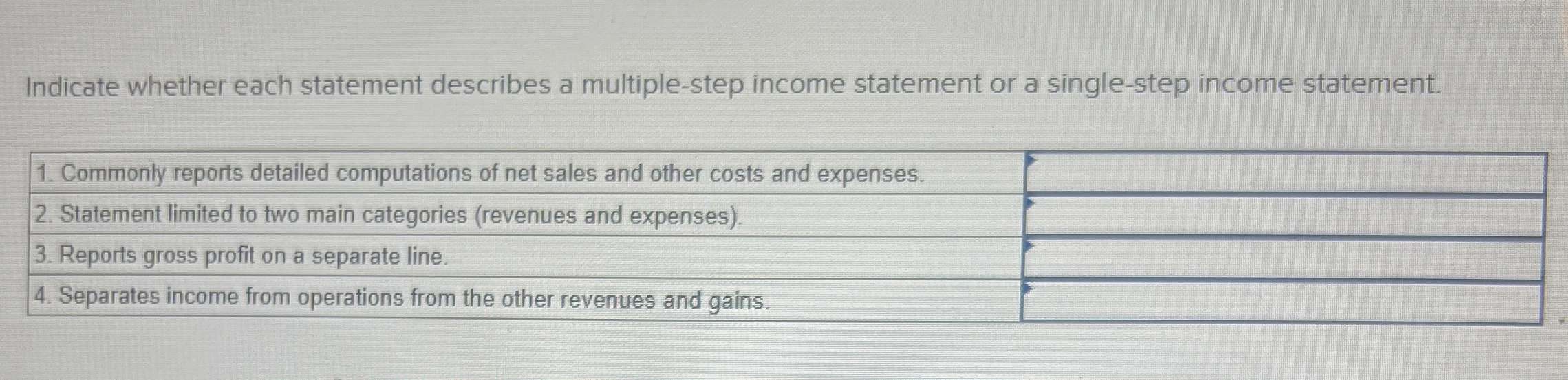  Indicate whether each statement describes a multiple-step income statement or a