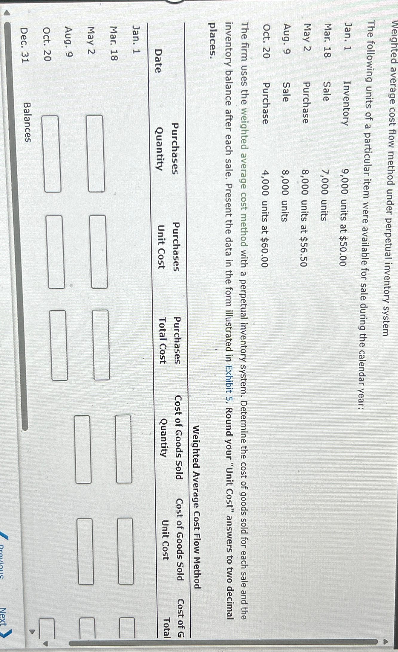  Weighted average cost flow method under perpetual inventory system The following