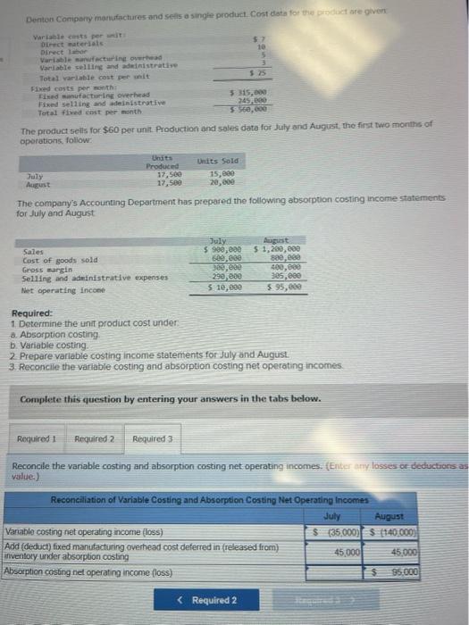 income statements for July onit August 3. Reconefte the varioble costing and