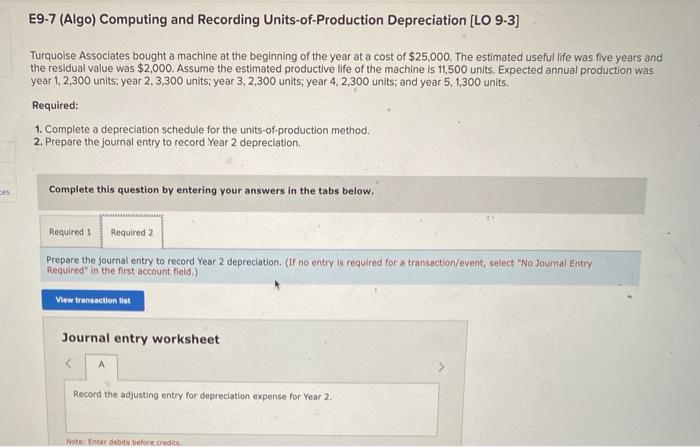 Units-of-Production Depreciation (LO 9-3) Turquoise Associates bought a machine at the beginning