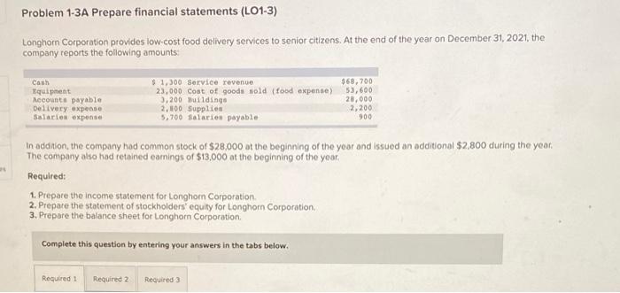please answer all 3 parts Problem 1-3A Prepare financial statements (L01-3) Longhorn