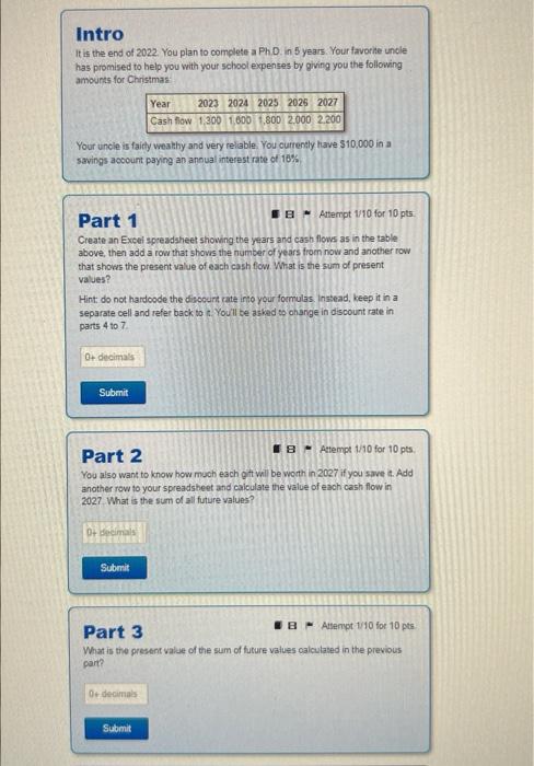 Please answer question parts 4-7 Intro It is the end of 2022.