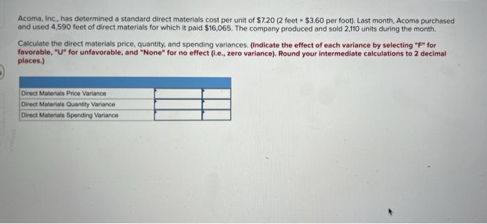 please help Acoma, Inc., has determined a standard direct materials cost per
