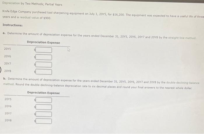 please help solve Depreciation by Two Methods, Partial Years Knife Edge Company