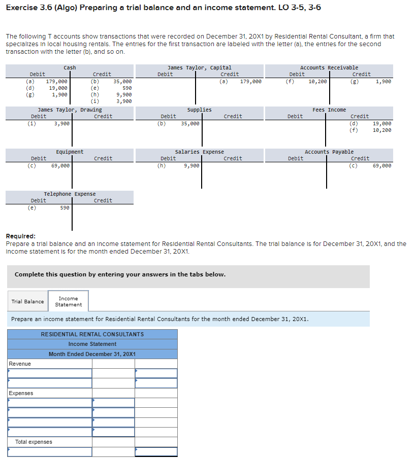  Exercise 3.6(Algo) Preparing a trial balance and an income statement. LO