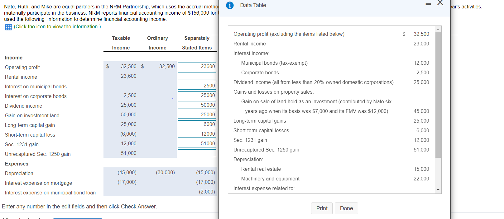 Need help figuring out the separately stated items amounts Data Table X
