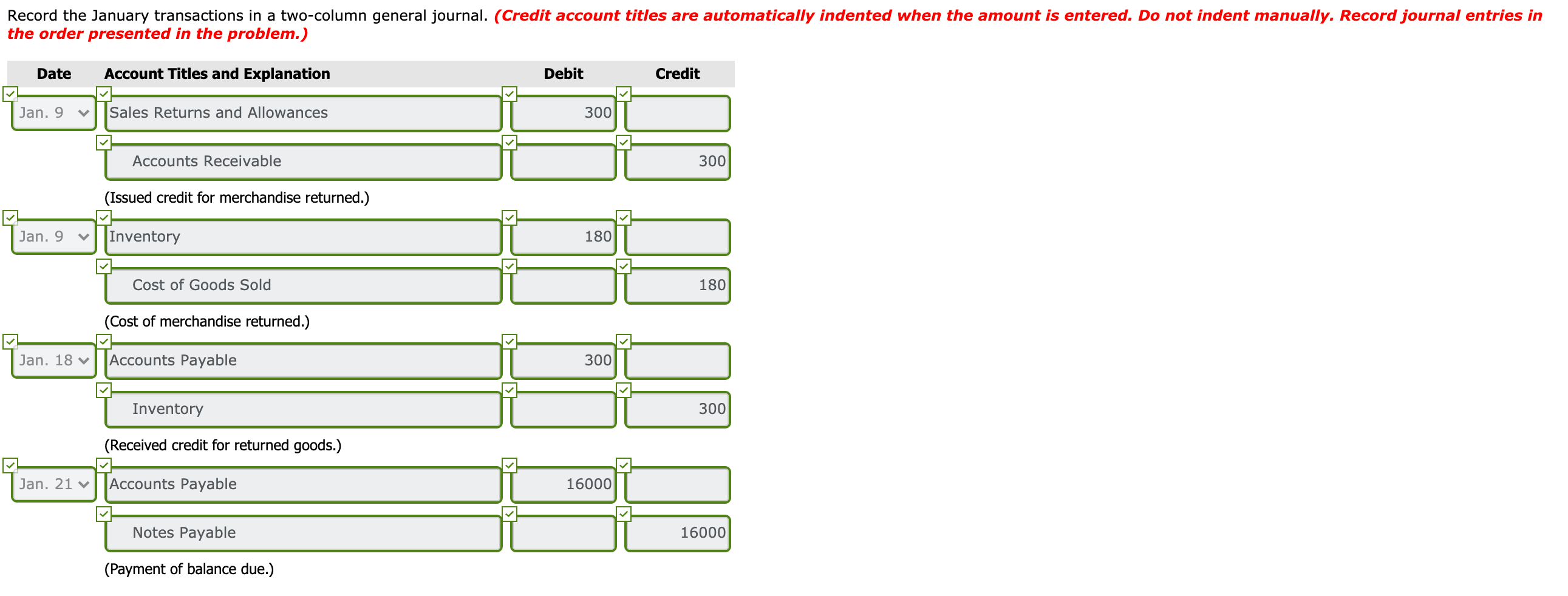 of January. Credit sales terms are 2/10, n/30. The cost of all