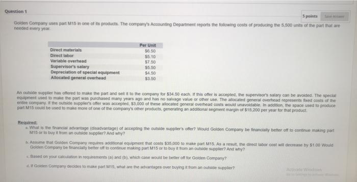 EDOX -AT-WAX BTV A Question 1 Golden Company uses part M15 in