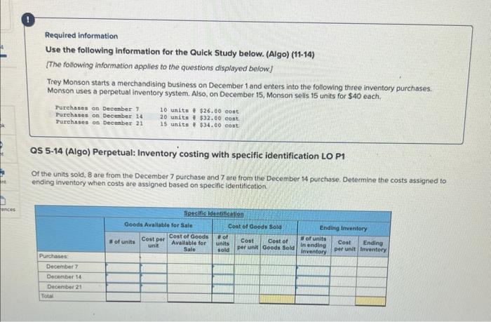 please help me fill out thr table Required information Use the following