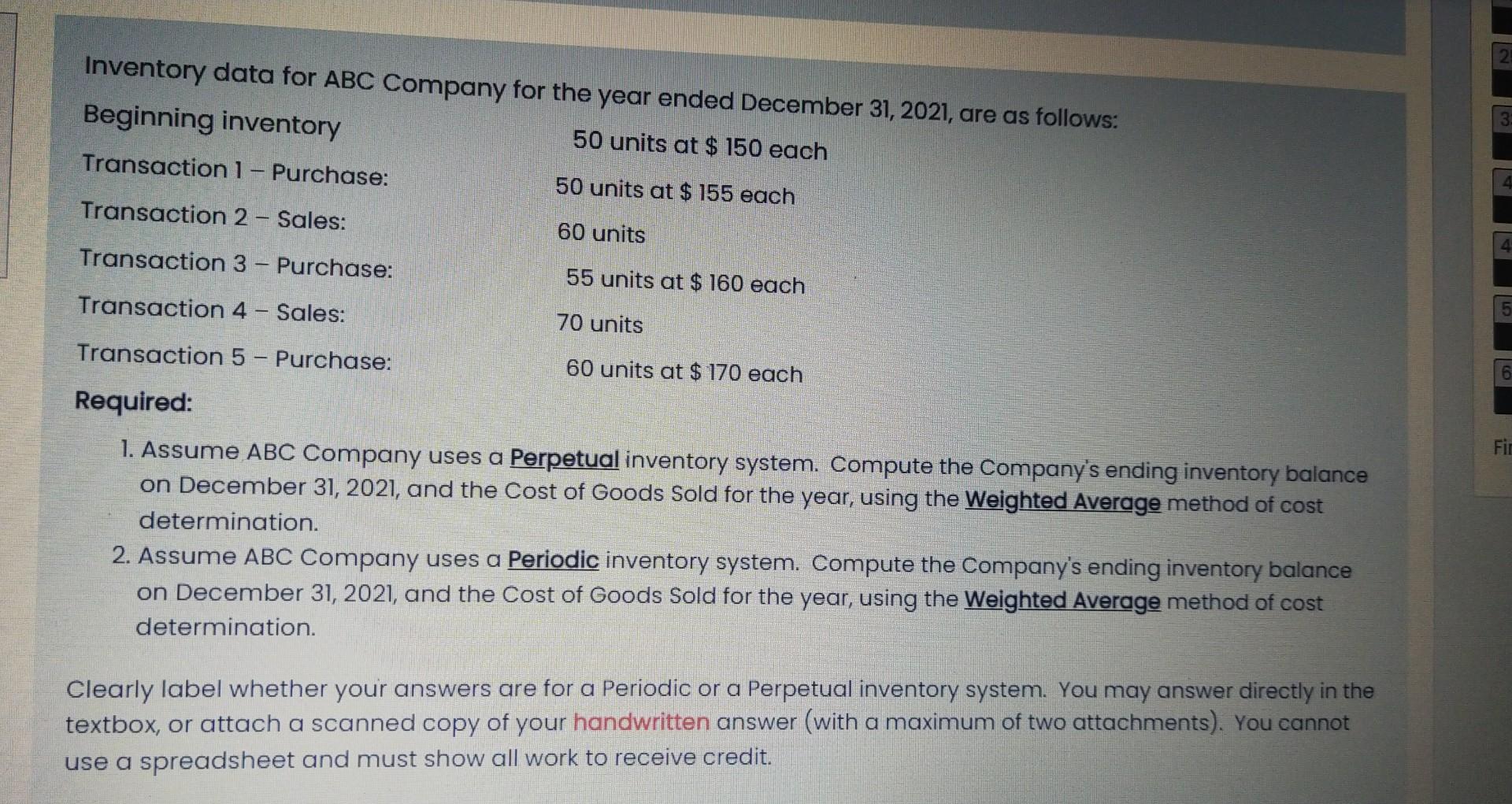 please answer asap Inventory data for ABC Company for the year