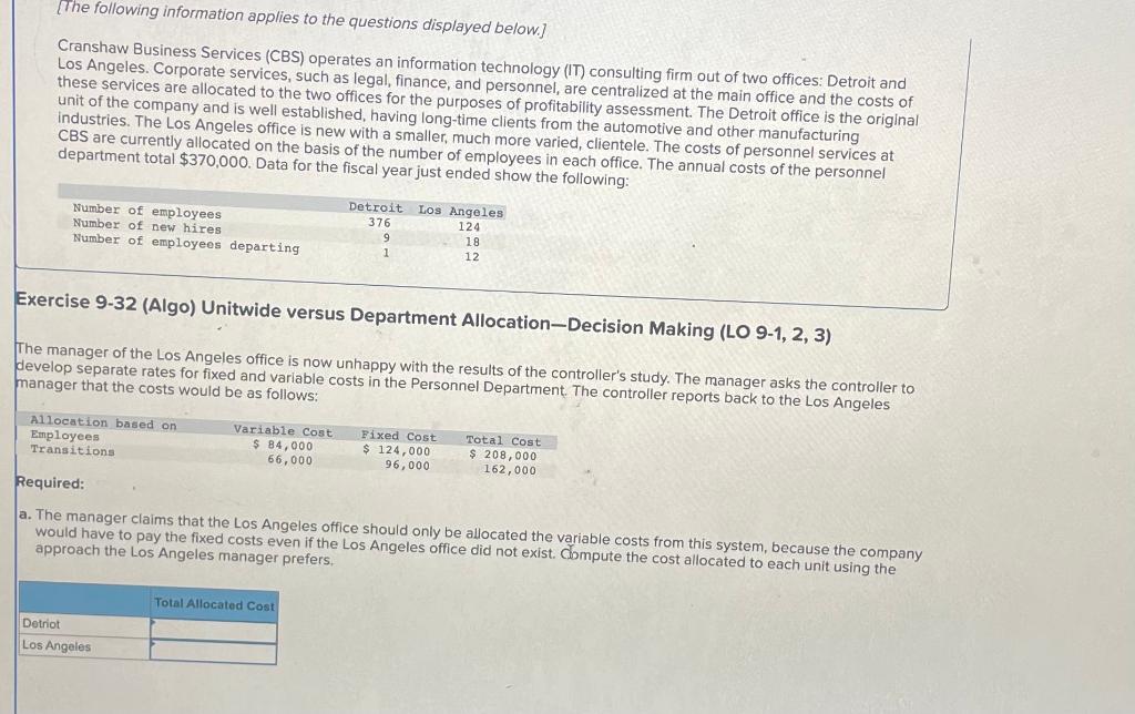 following information applies to the questions displayed below.] Cranshaw Business Services (CBS)