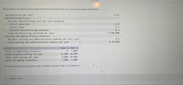 The net operating income (loss) under variable costing in year two is