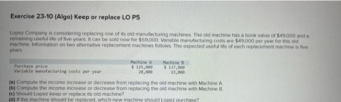 this is a 2 part question Exercise 23-10 (Algo) Keep or replace